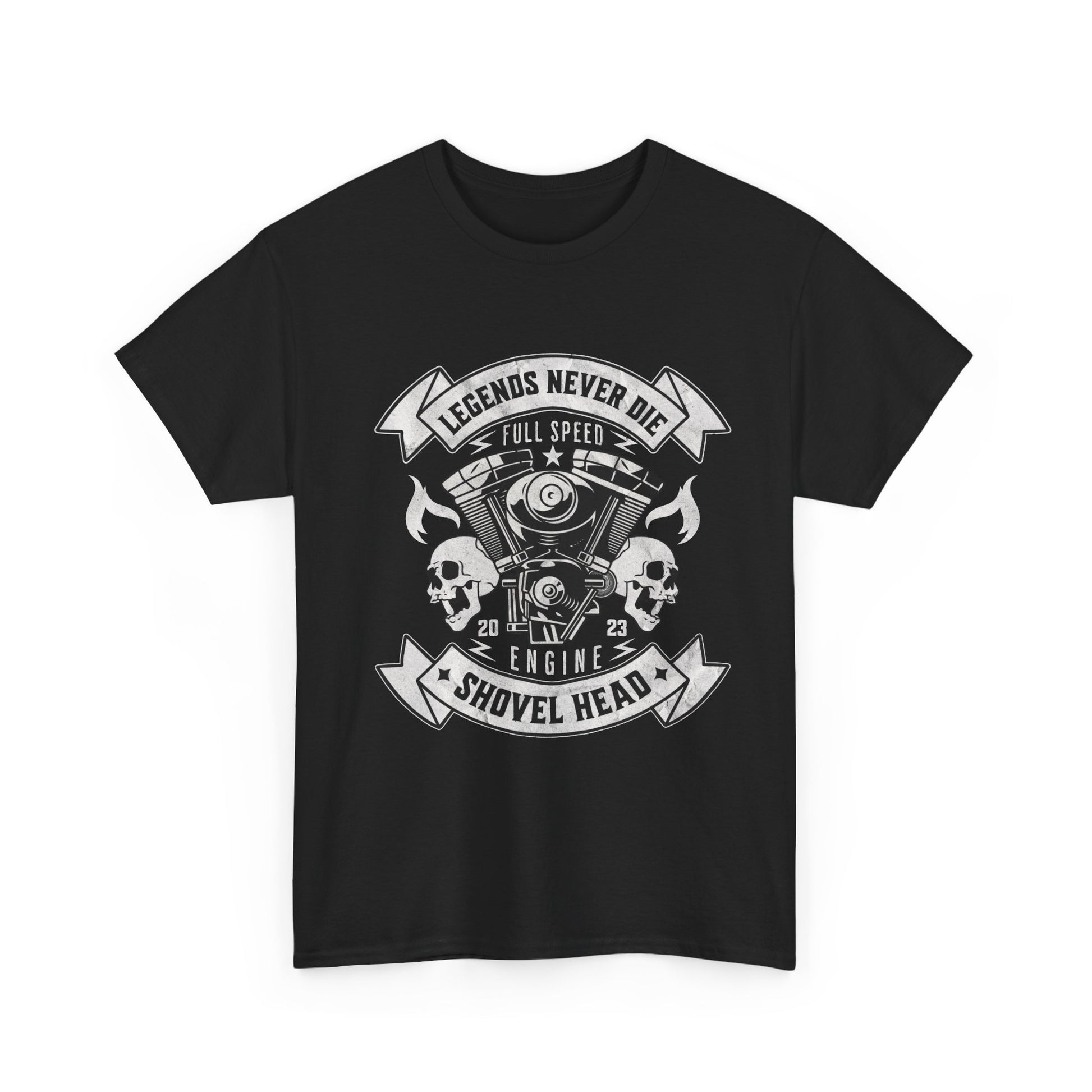 A black t-shirt with a graphic design featuring the words 'Legends Never Die' and 'FULL SPEED ENGINEER', along with images of a motorcycle and its parts.