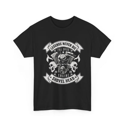 A black t-shirt with a graphic design featuring the words 'Legends Never Die' and 'FULL SPEED ENGINEER', along with images of a motorcycle and its parts.