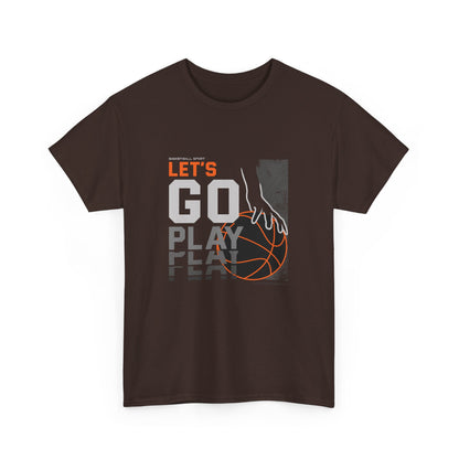 A brown t-shirt with the text 'LET'S GO PLAY' and an orange basketball graphic on it.