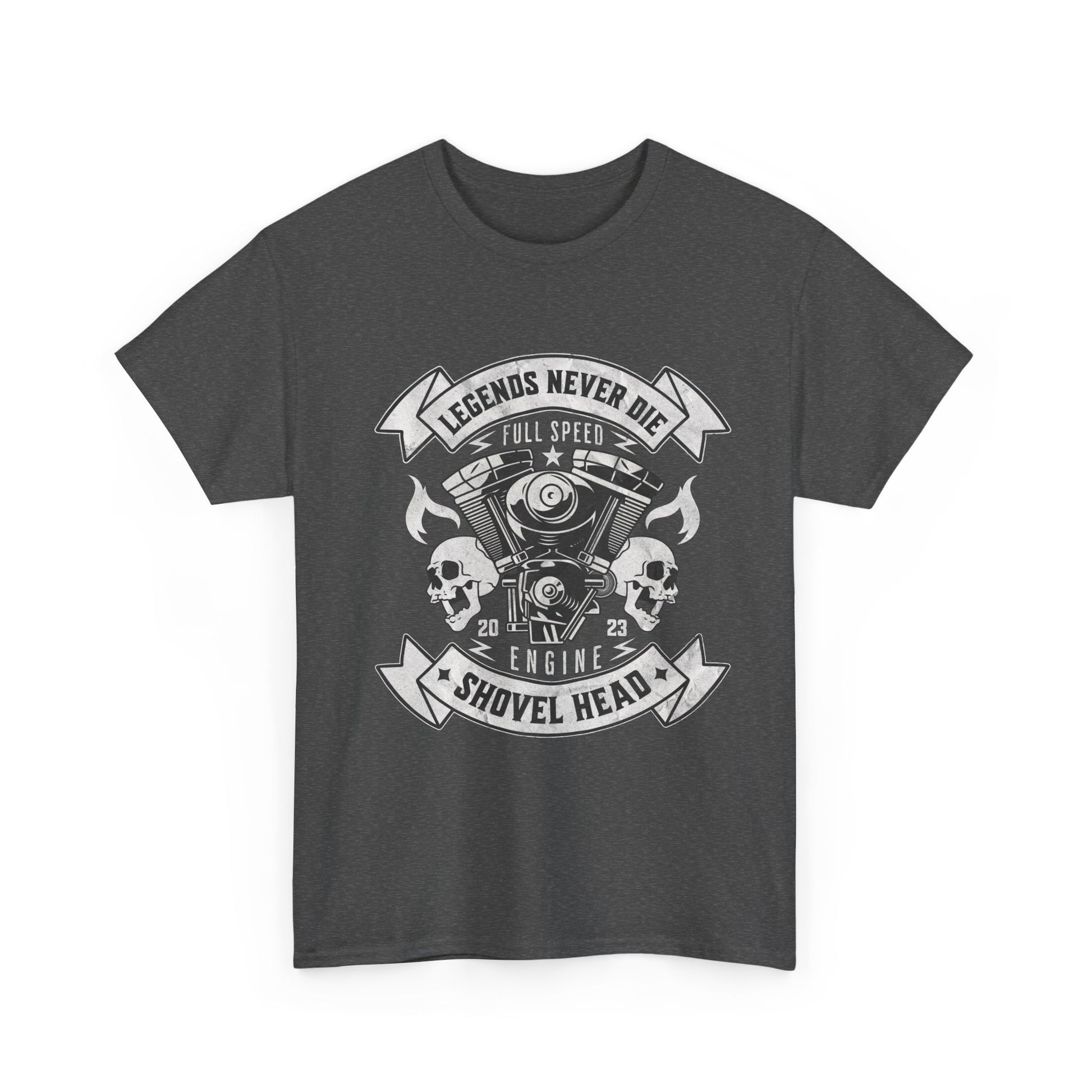 A gray t-shirt with a graphic design featuring a vintage motorcycle shovelhead engine
