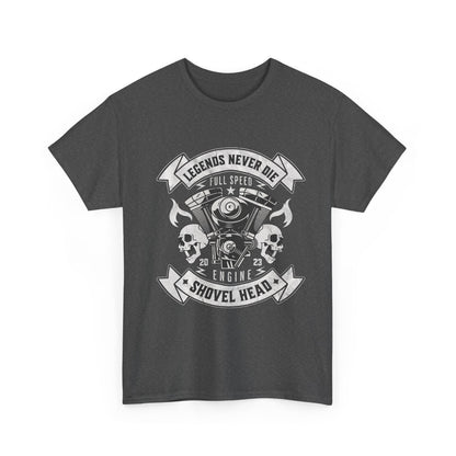 A gray t-shirt with a graphic design featuring a vintage motorcycle shovelhead engine