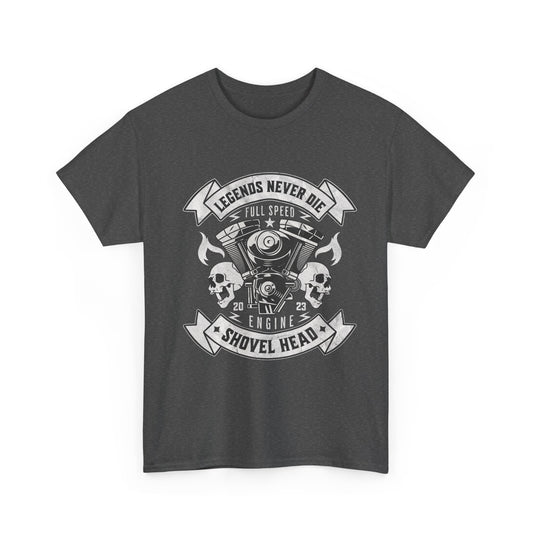 A gray t-shirt with a graphic design featuring a vintage motorcycle shovelhead engine