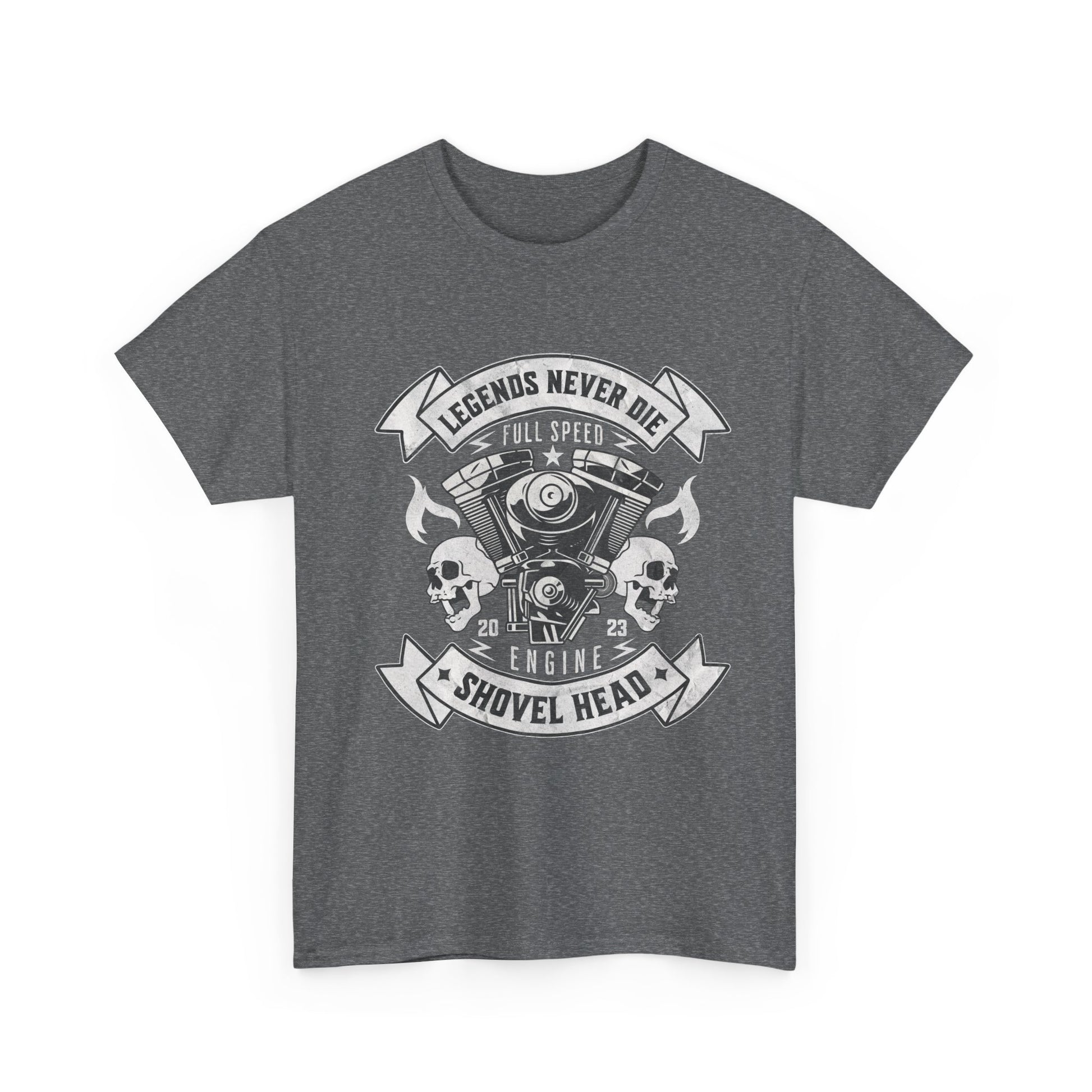 This heather grey t-shirt captures the vintage aesthetic of a classic motorcycle Shovelhead engine with intricate details, including cylinders, pistons, and connecting rods.
