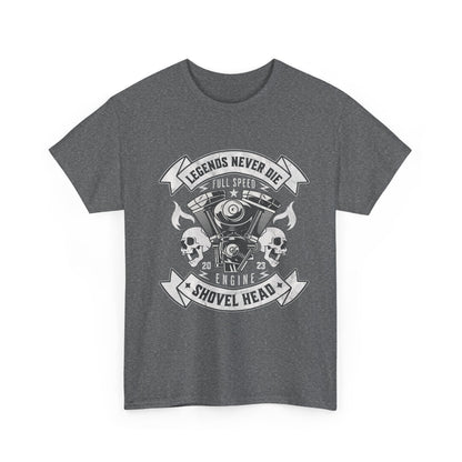 This heather grey t-shirt captures the vintage aesthetic of a classic motorcycle Shovelhead engine with intricate details, including cylinders, pistons, and connecting rods.