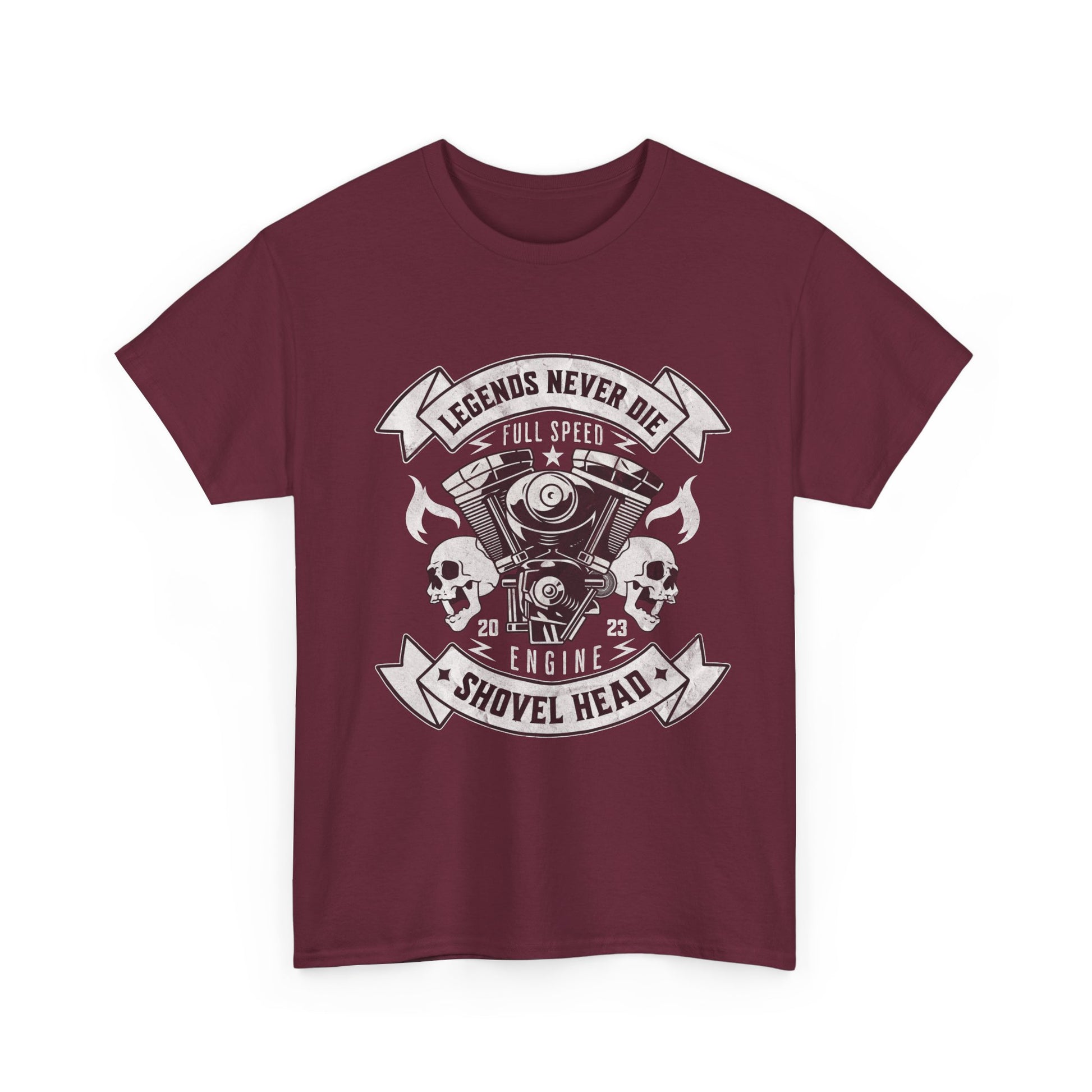 A maroon t-shirt with a graphic design that includes a skull, pistons, and the text 'LEGENDS NEVER DIE FULL SPEED AHEAD'.
