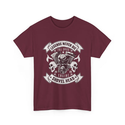A maroon t-shirt with a graphic design that includes a skull, pistons, and the text 'LEGENDS NEVER DIE FULL SPEED AHEAD'.