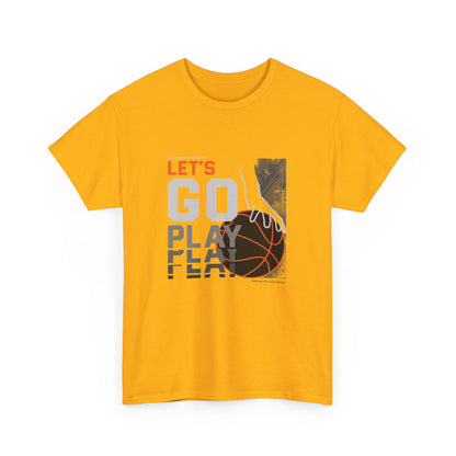 A yellow t-shirt with a graphic print of a basketball and the text 'LET'S GO PLAY' on the front.