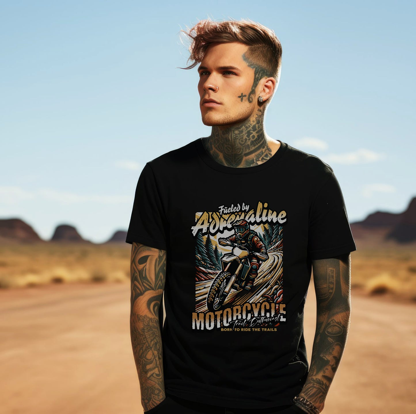 Camiseta de moto con mensaje "Fueled by Adrenaline"