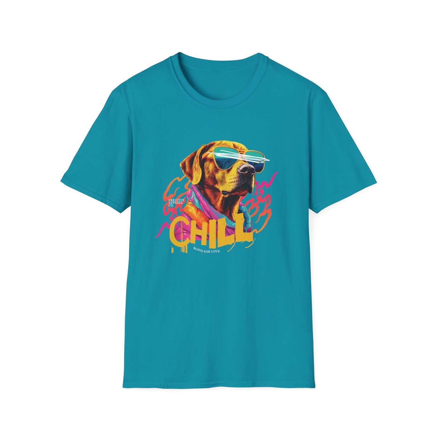 Yellow lab dog wearing sunglasses on a aqua blue short sleeve t-shirt that says "Chill"