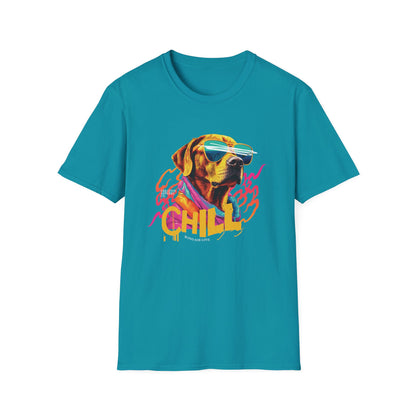 Yellow lab dog wearing sunglasses on a aqua blue short sleeve t-shirt that says "Chill"