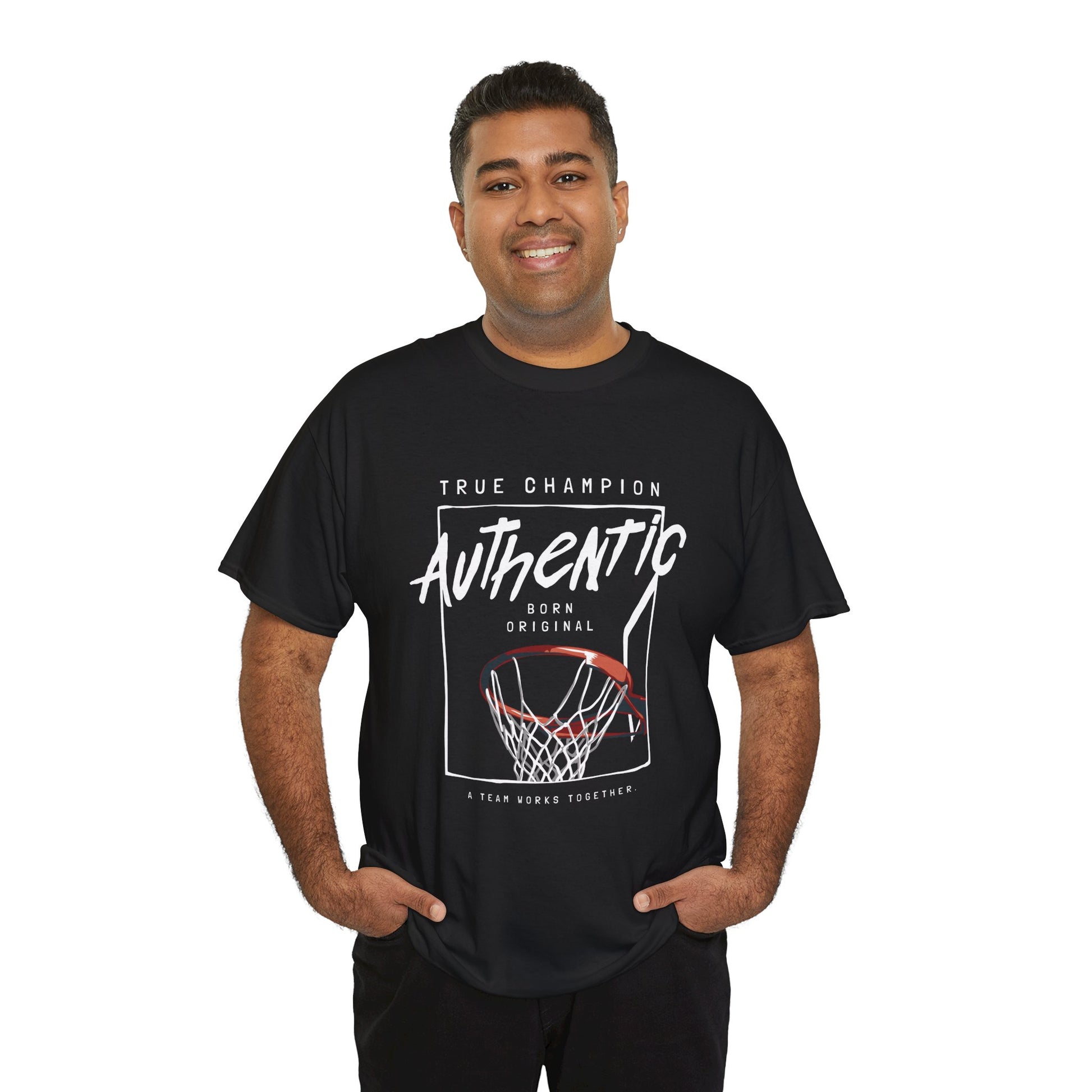 Plus size man wearing basketball hoop t-shirt