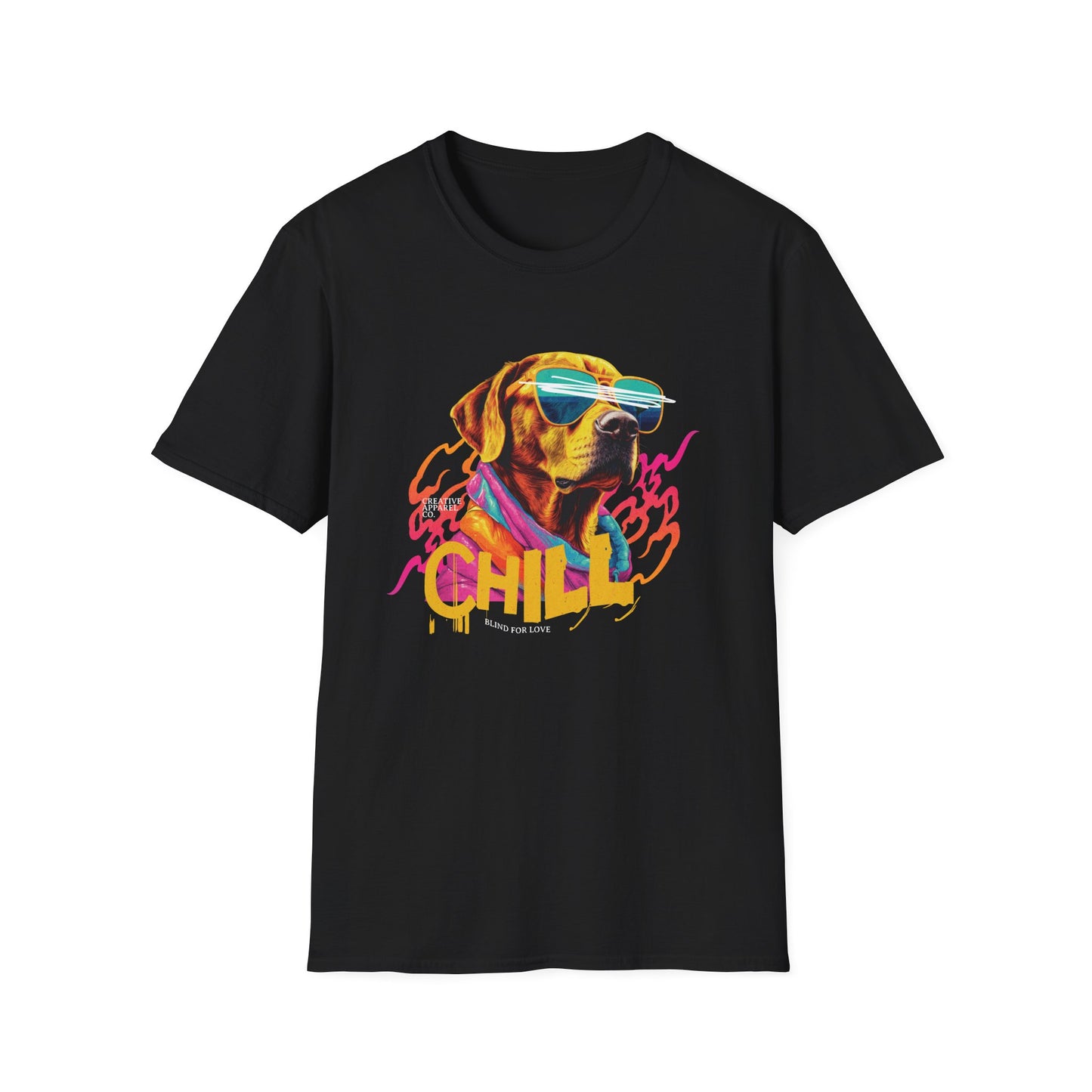 Yellow lab dog wearing sunglasses on a black short sleeve t-shirt that says "Chill"
