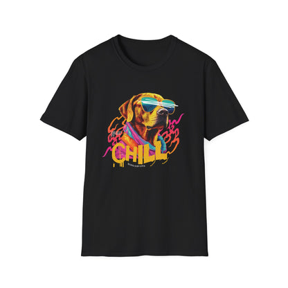 Yellow lab dog wearing sunglasses on a black short sleeve t-shirt that says "Chill"