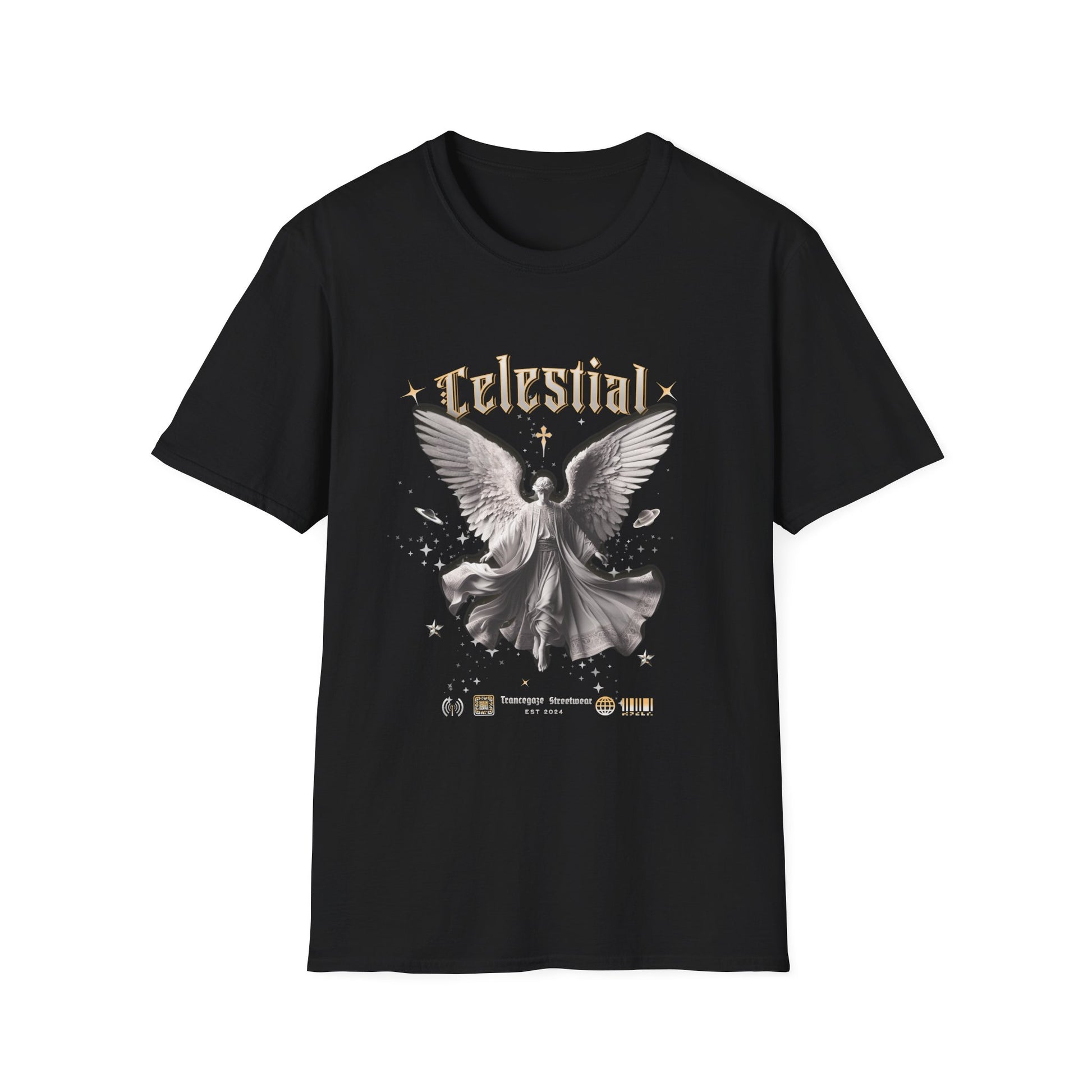 Black t-shirt with angel graphic and 'Celestial' text on a white background