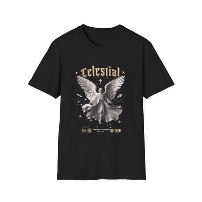 Black t-shirt with angel graphic and 'Celestial' text on a white background