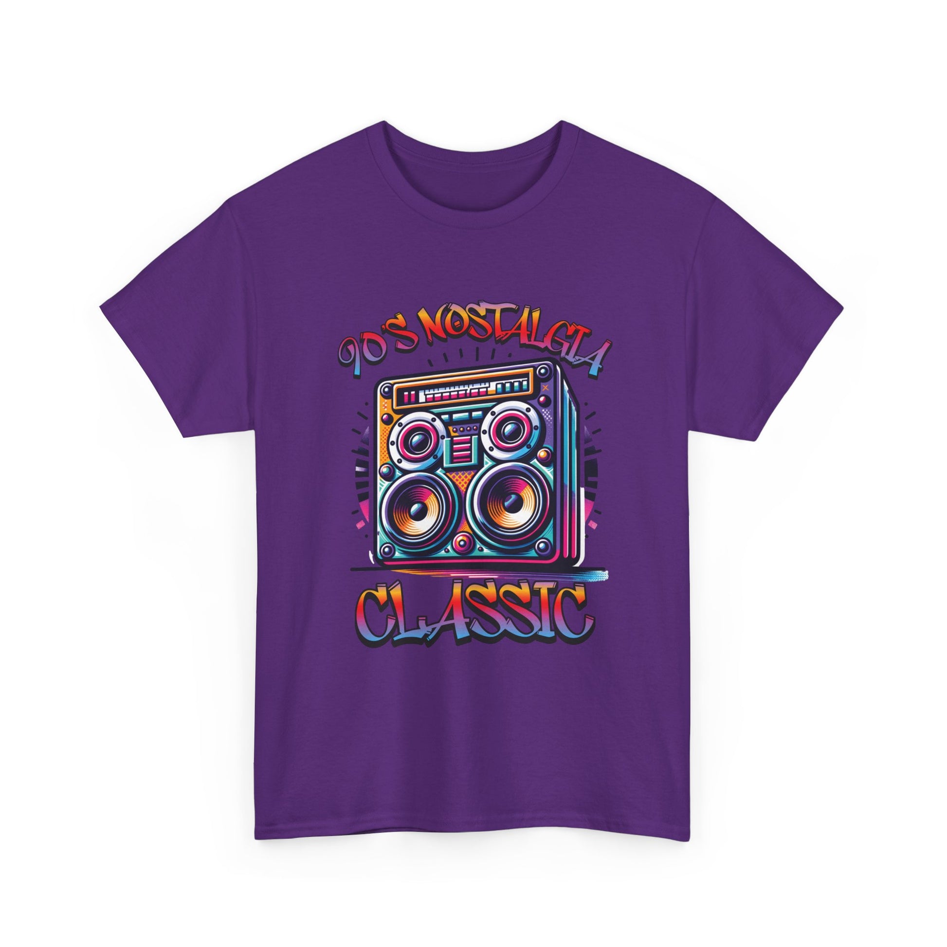 Image of a 90's Classic Boom box on a dark purple t-shirt.