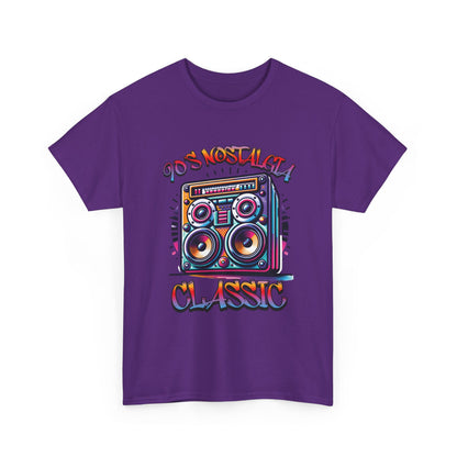 Image of a 90's Classic Boom box on a dark purple t-shirt.