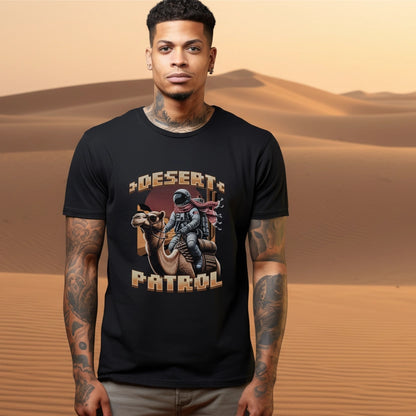 Man wearing a black t-shirt with 'Desert Patrol' graphic in a desert setting