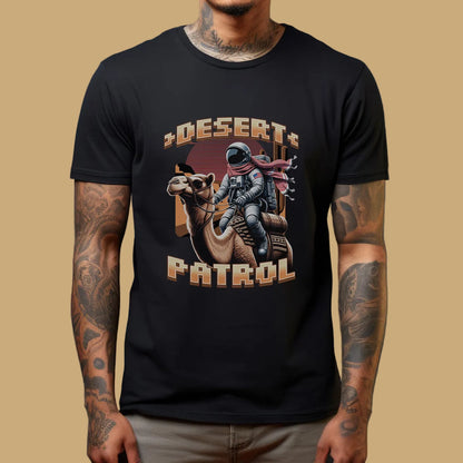 Black t-shirt with 'Desert Patrol' graphic featuring an astronaut and camel on a beige background