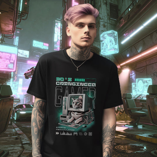 Person wearing a black t-shirt with a graphic design in a futuristic city setting