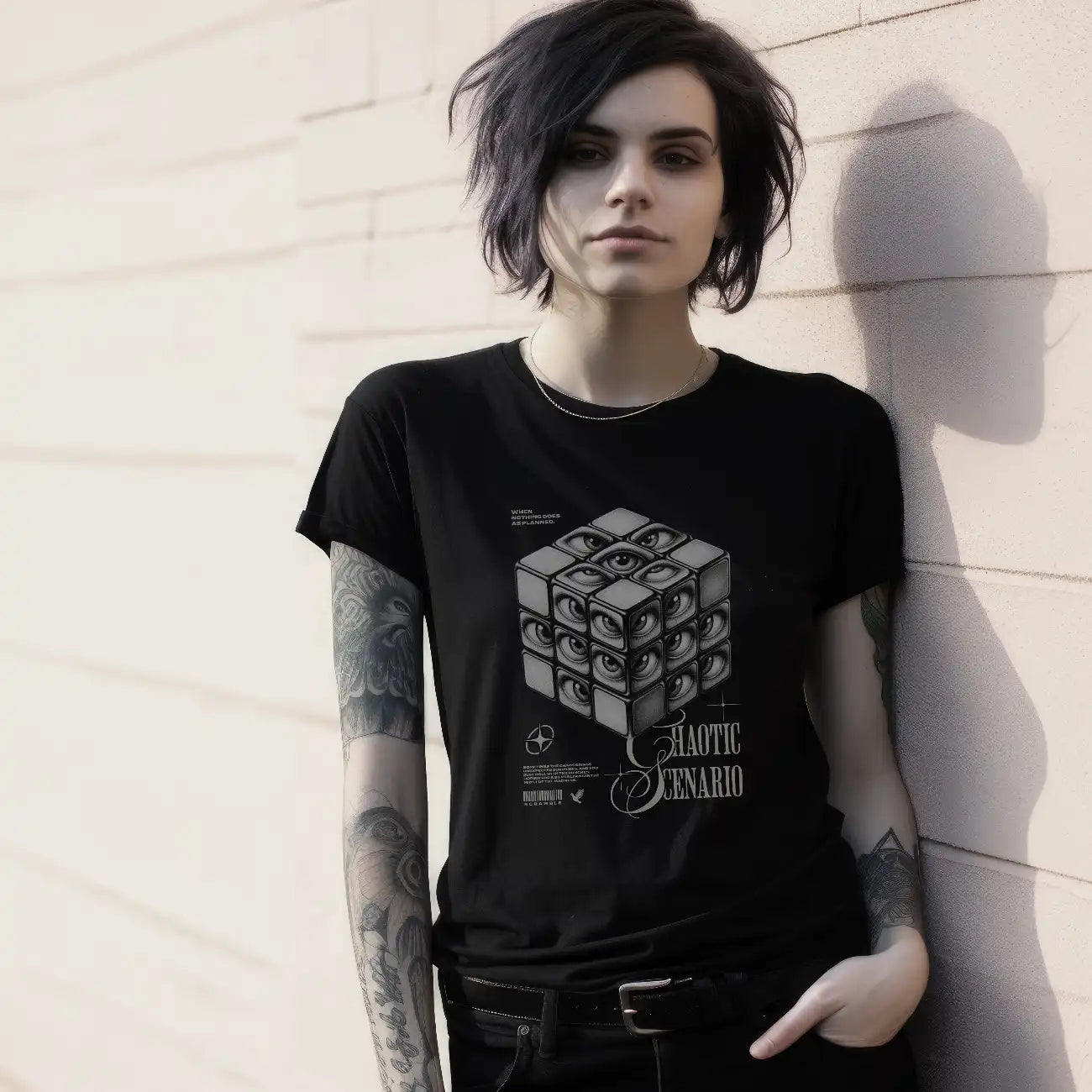 Person wearing a black t-shirt with graphic design and text, standing against a light-colored wall.