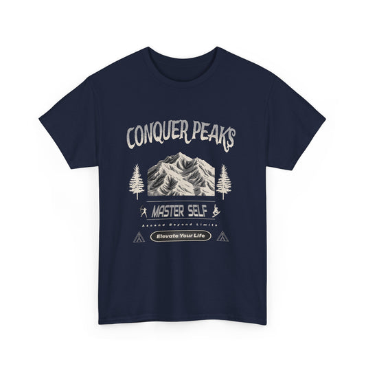 Navy blue t-shirt with mountain graphic and text 'Conquer Peaks'
