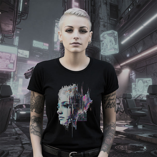 Person wearing a black t-shirt with a graphic design in a futuristic city setting