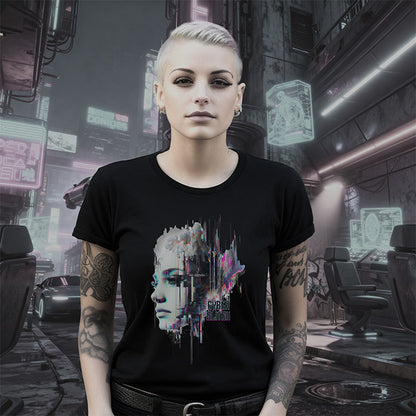 Person wearing a black t-shirt with a graphic design in a futuristic city setting