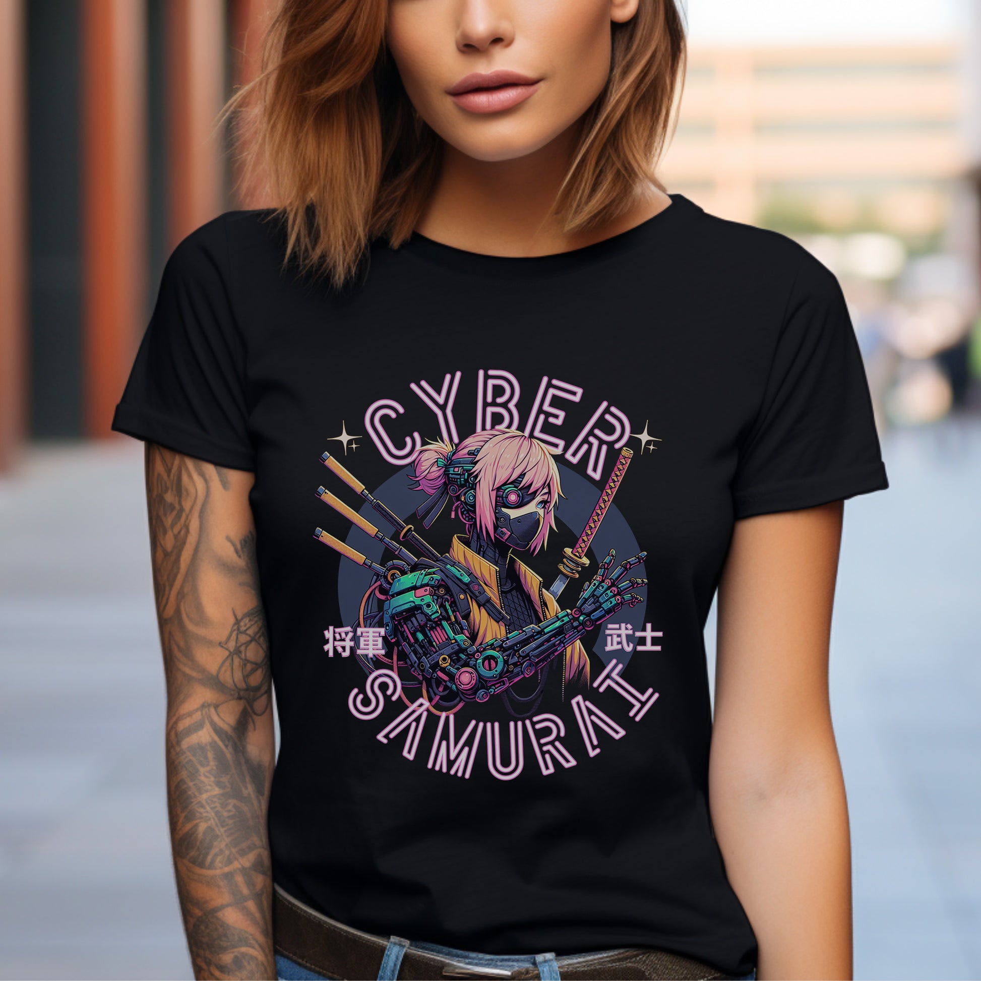 Person wearing a black t-shirt with 'Cyber Samurai' graphic design.
