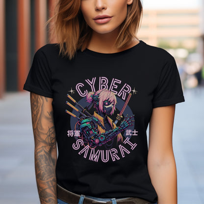 Person wearing a black t-shirt with 'Cyber Samurai' graphic design.
