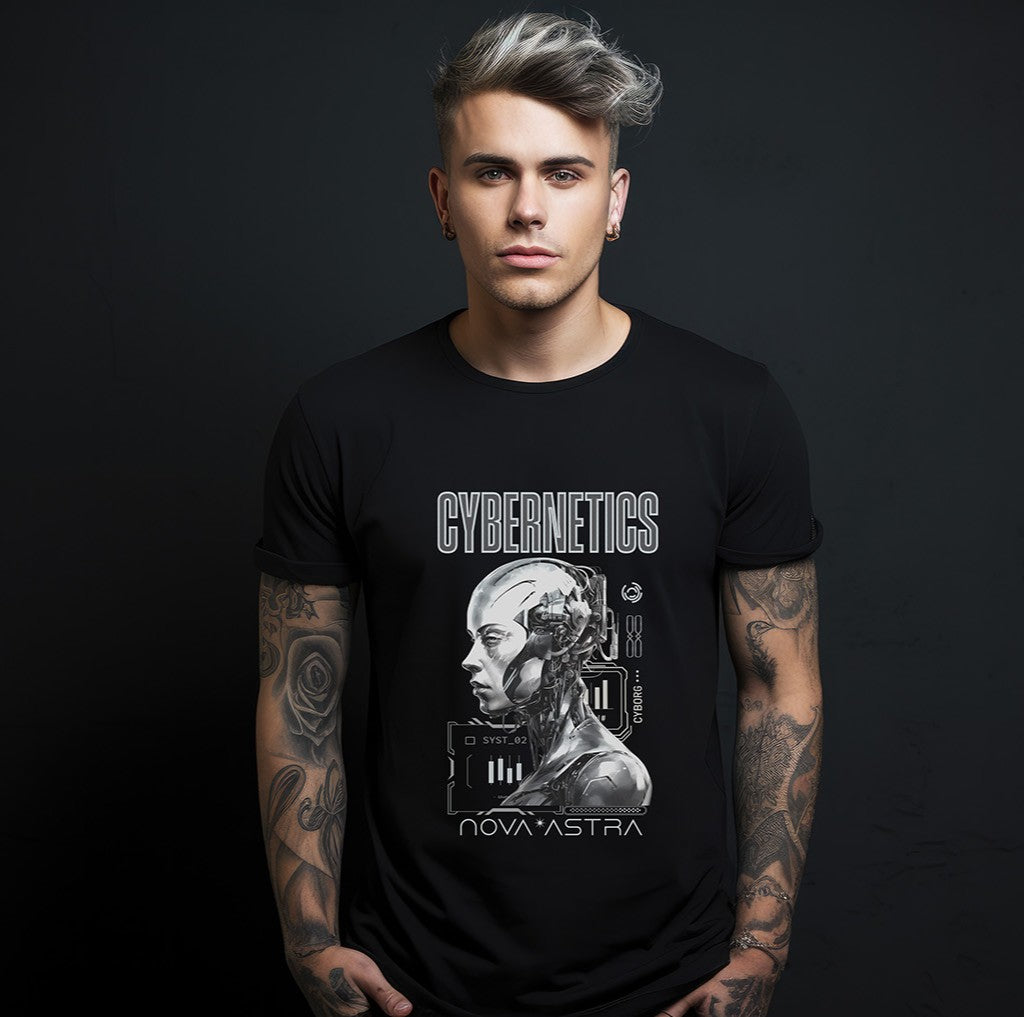 Person wearing a black t-shirt with a cybernetics design on a dark background