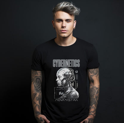 Person wearing a black t-shirt with a cybernetics design on a dark background