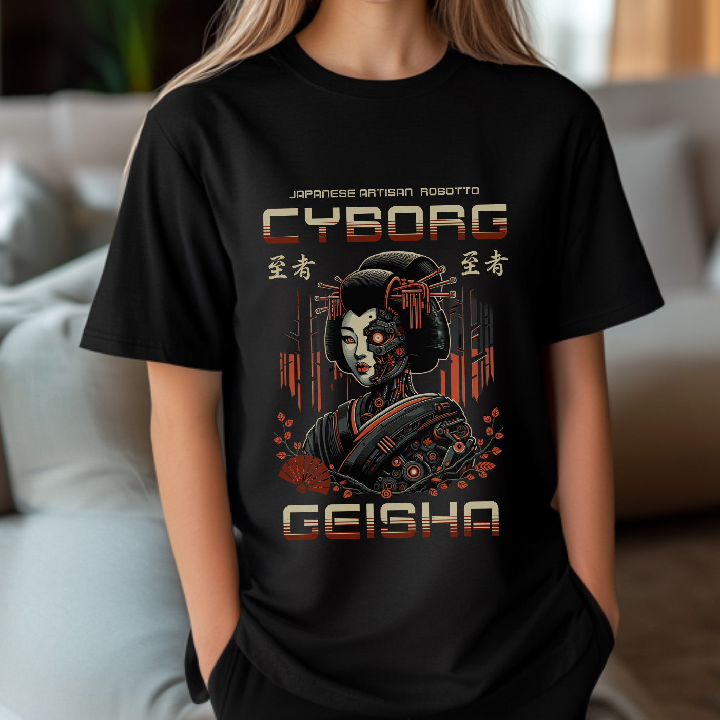 Person wearing a black t-shirt with a 'Cyborg Geisha' design.