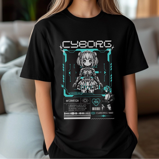 Person wearing a black t-shirt with a 'Cyborg' design featuring a character in a futuristic outfit.