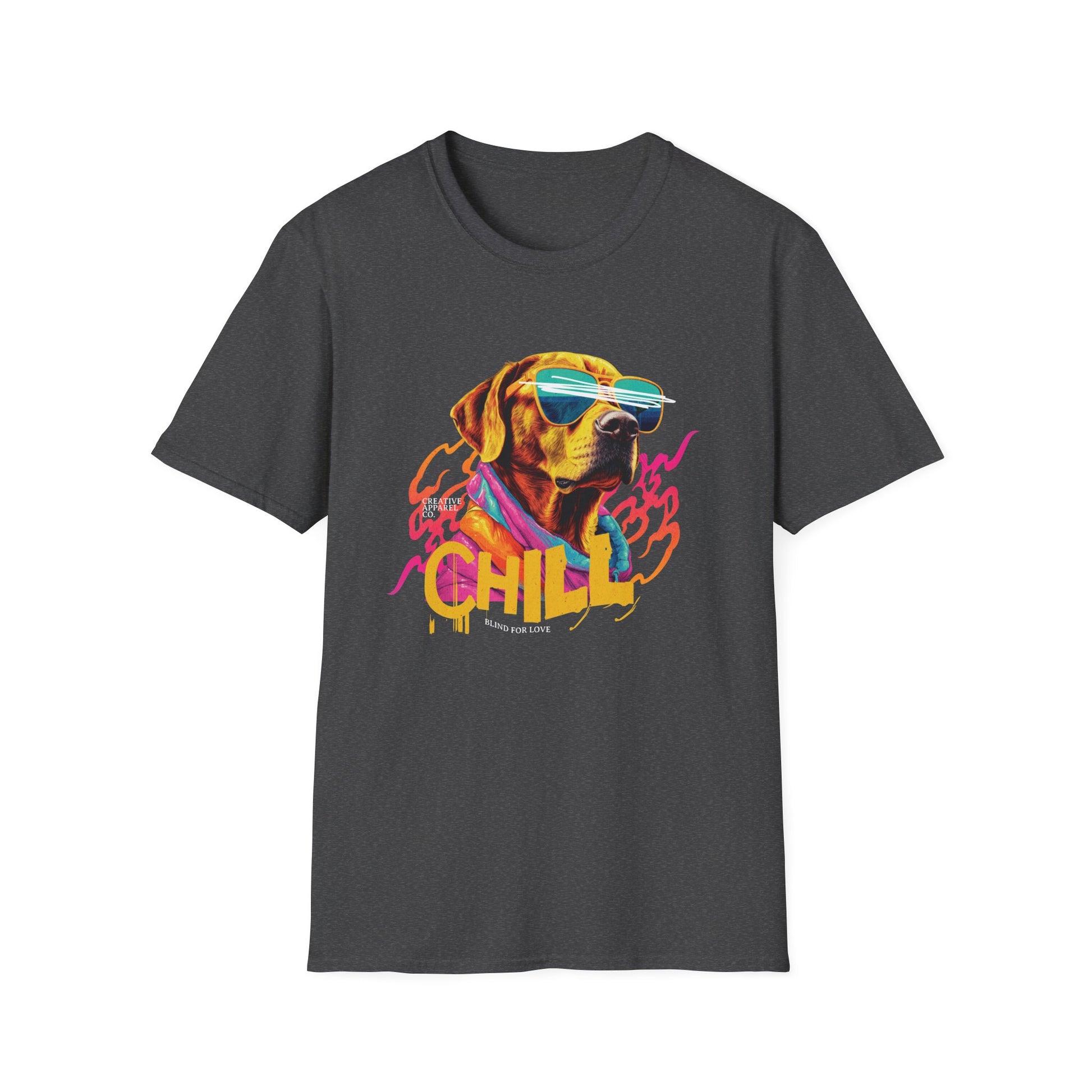Yellow lab dog wearing sunglasses on a dark heather grey t-shirt that says "Chill"