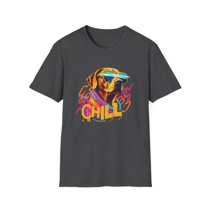 Yellow lab dog wearing sunglasses on a dark heather grey t-shirt that says "Chill"