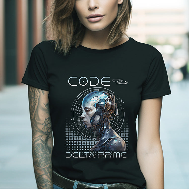 Person wearing a black t-shirt with a robot graphic and 'CODE DELTA PRIME' text.