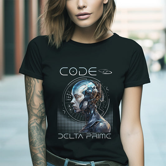 Person wearing a black t-shirt with a robot graphic and 'CODE DELTA PRIME' text.