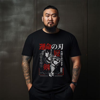 Man wearing a black t-shirt with Japanese design and text against a dark background