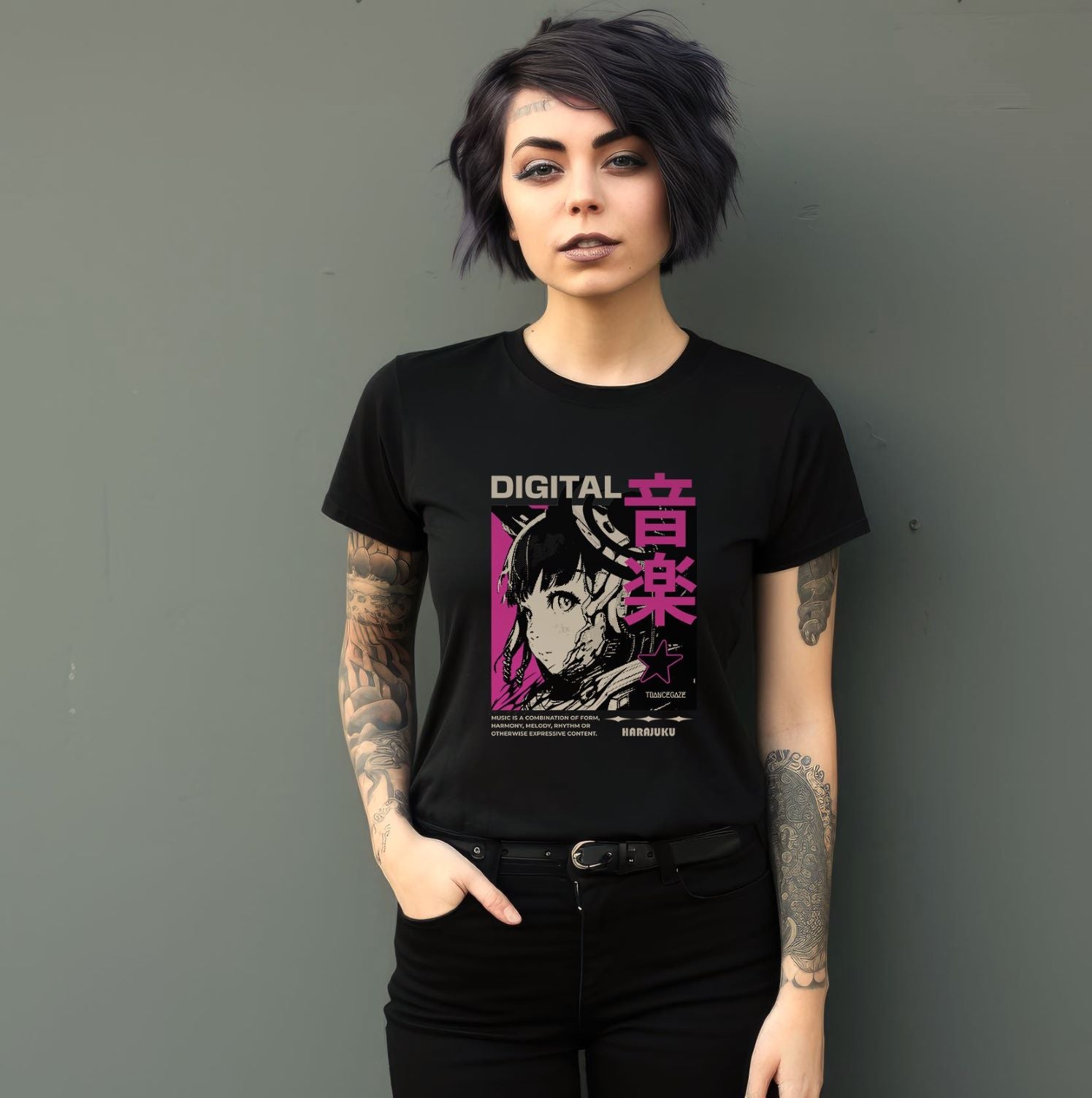 A woman wearing a black slim fit ladies  t-shirt with an anime image in fuchsia and black with text that reads "Digital" along with Japanese Katakana letters.

