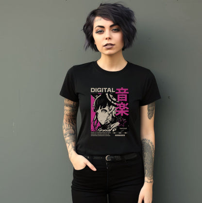 A woman wearing a black slim fit ladies  t-shirt with an anime image in fuchsia and black with text that reads "Digital" along with Japanese Katakana letters.
