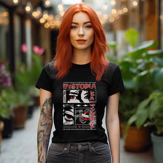 Person wearing a black t-shirt with 'Dystopia' design in an outdoor setting
