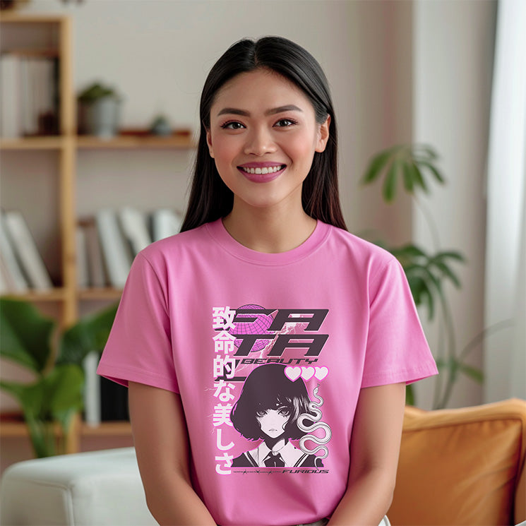 Woman wearing a pink t-shirt with graphic design and text, sitting in a room with plants and a bookshelf.