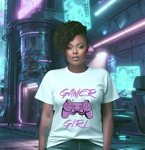 Woman wearing a 'Gamer Girl' t-shirt in a futuristic city setting