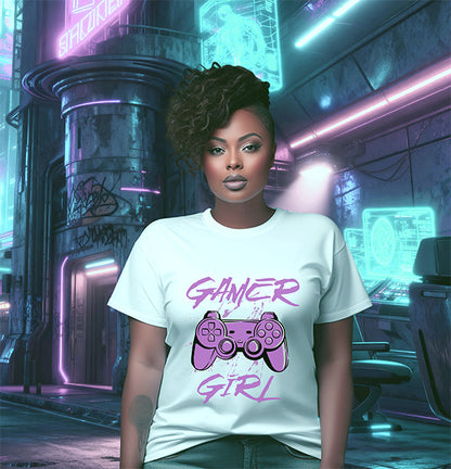 Woman wearing a 'Gamer Girl' t-shirt in a futuristic city setting
