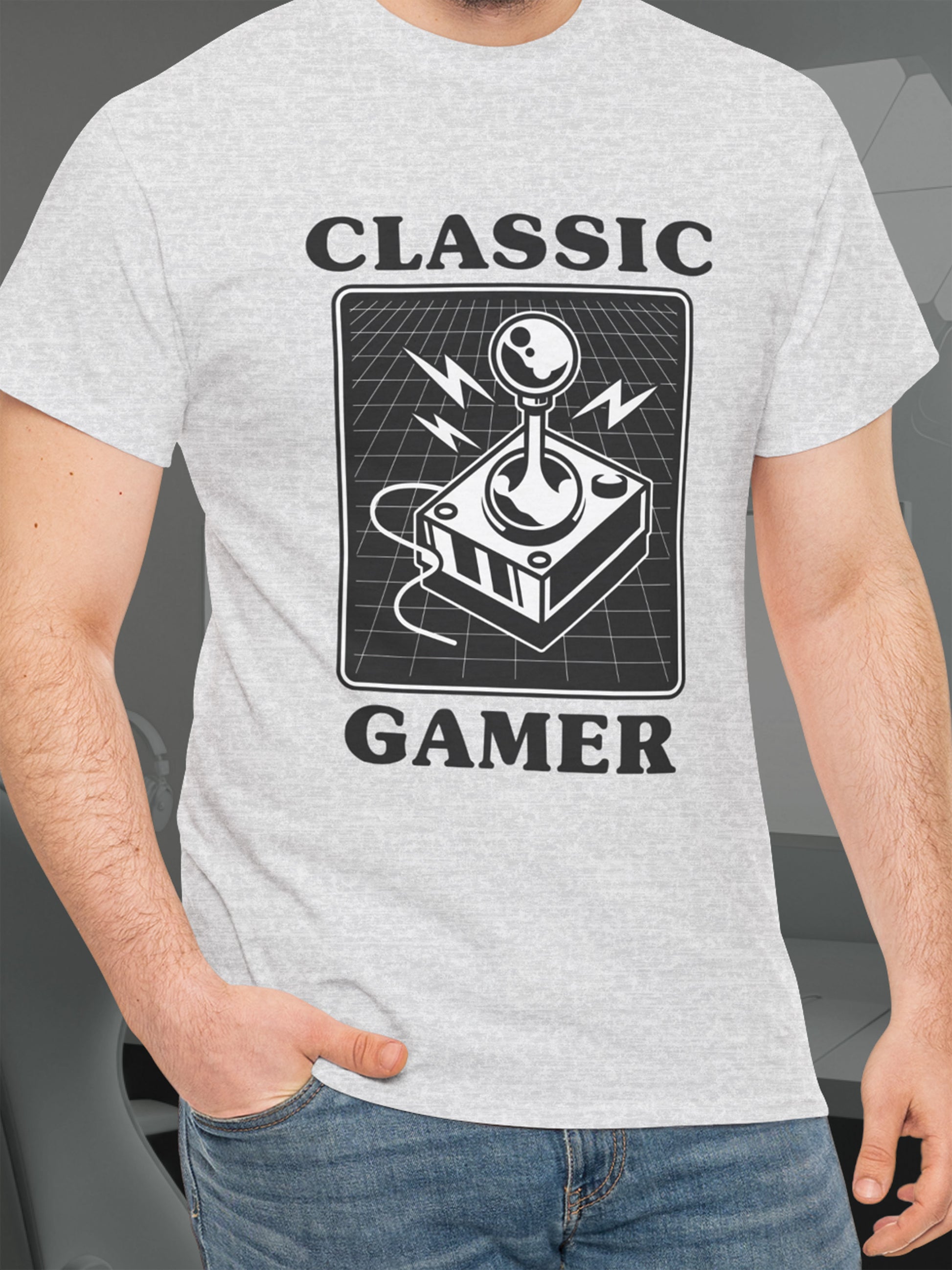 Gray t-shirt with 'Classic Gamer' graphic and joystick design on a gray background