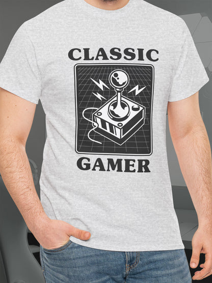 Gray t-shirt with 'Classic Gamer' graphic and joystick design on a gray background