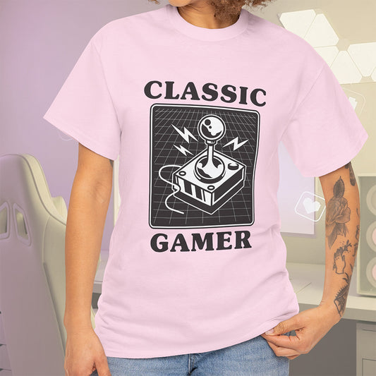 Person wearing a pink t-shirt with 'Classic Gamer' graphic design.