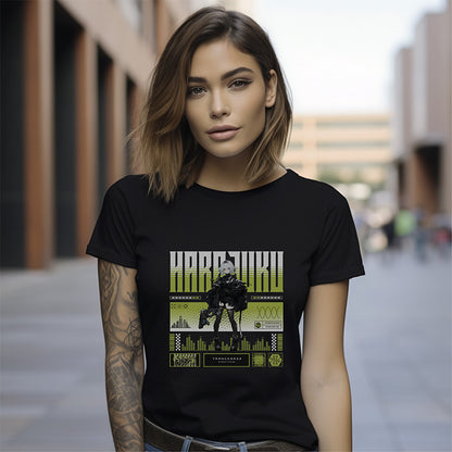 A woman  wearing a black graphic t-shirt featuring green block typography reading 'HARAJUKU' above a cyberpunk anime figure and tech grid graphics, standing on a city street.
