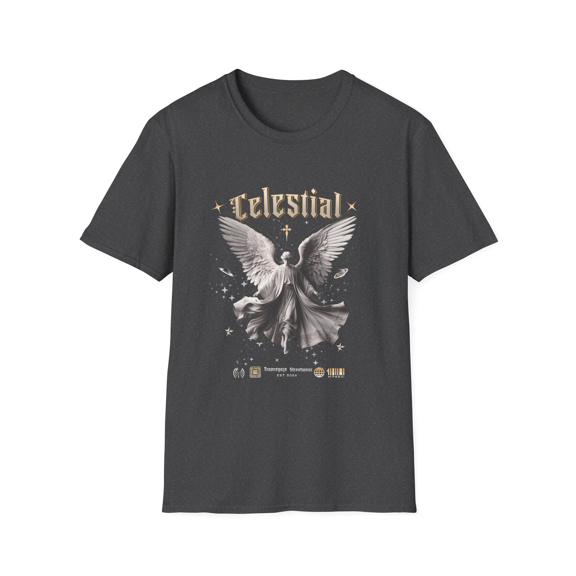 Heather t-shirt with angel graphic and 'Celestial' text on a white background